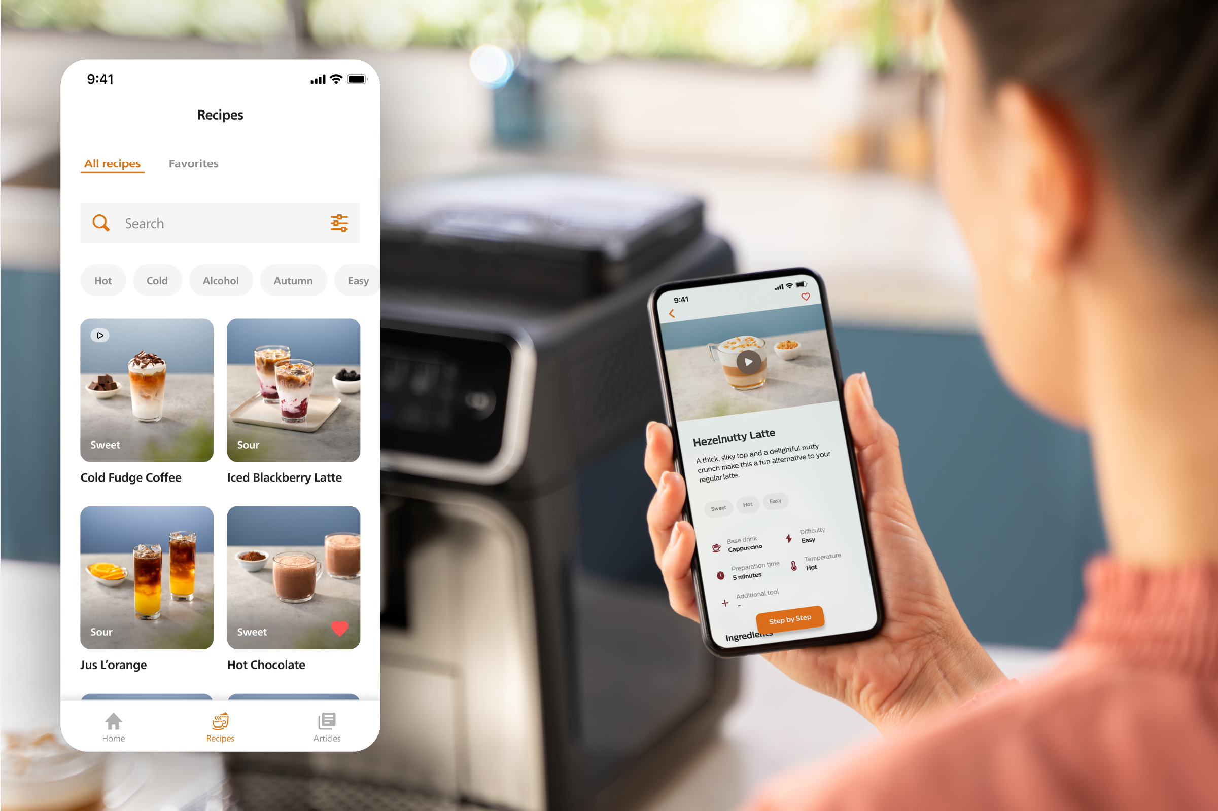 Телефонні екрани з рецептами кави в додатку Coffee+